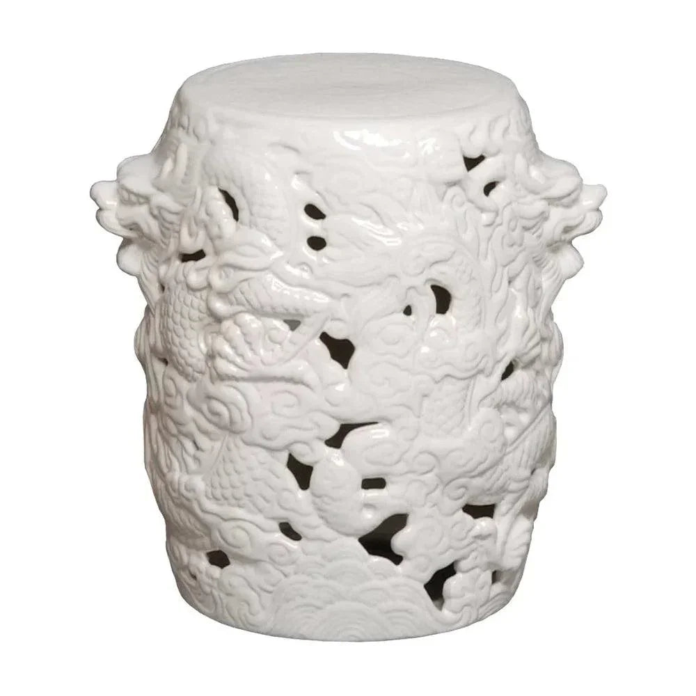 16 in. Dragon White Ceramic Outdoor Garden Stool-Garden Stools-Emissary-LOOMLAN
