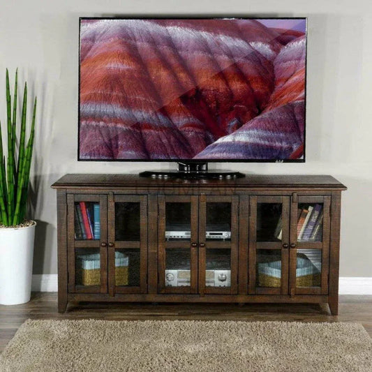 70" Wood Brown TV Stand Glass Doors - LOOMLAN - Sunny D - TV Stands & Media Centers