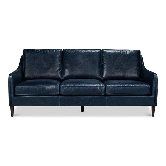 Alehandro Leather and Wood Blue Sofa - LOOMLAN - Sarreid - Sofas & Loveseats