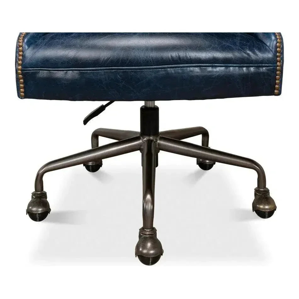 Andrew Jackson Swivel Blue Leather Desk Chair Chateau-Office Chairs-Sarreid-LOOMLAN
