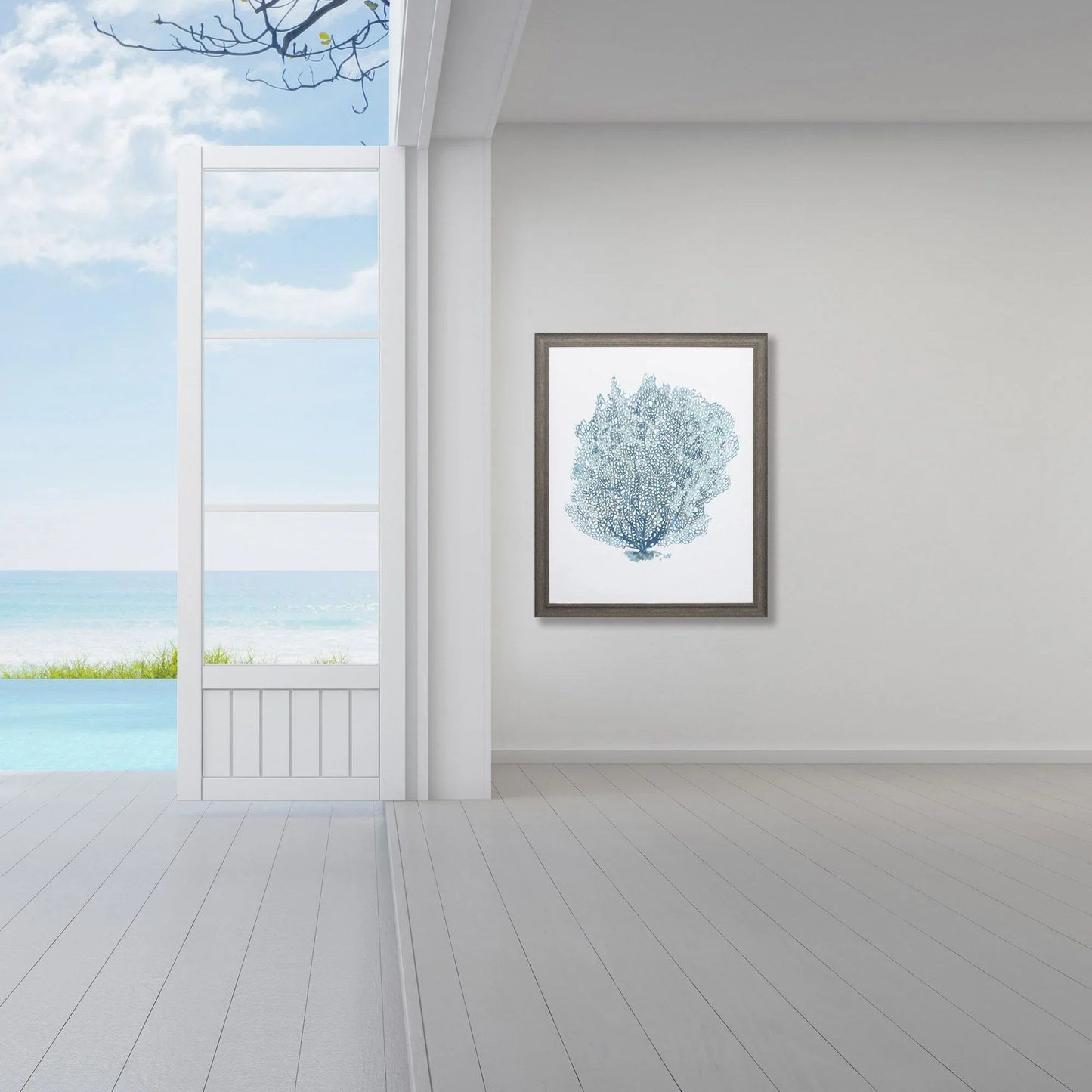 Aqua Coral on Rustic Wood Grain Framed Wall Art