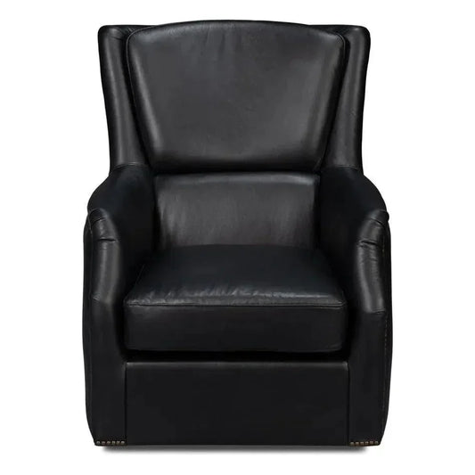 BakerWood and Leather Black Swivel Arm Chair - LOOMLAN - Sarreid - Club Chairs