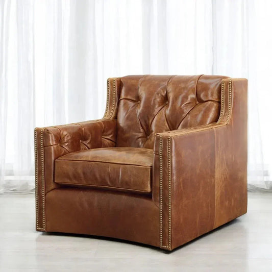 Brandy Grain Brown Leather Large Swivel Chair - LOOMLAN - Uptown Sebastian - Club Chairs