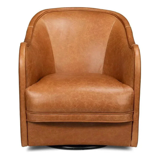 Braxton Leather Brown Swivel Arm Chair - LOOMLAN - Sarreid - Club Chairs