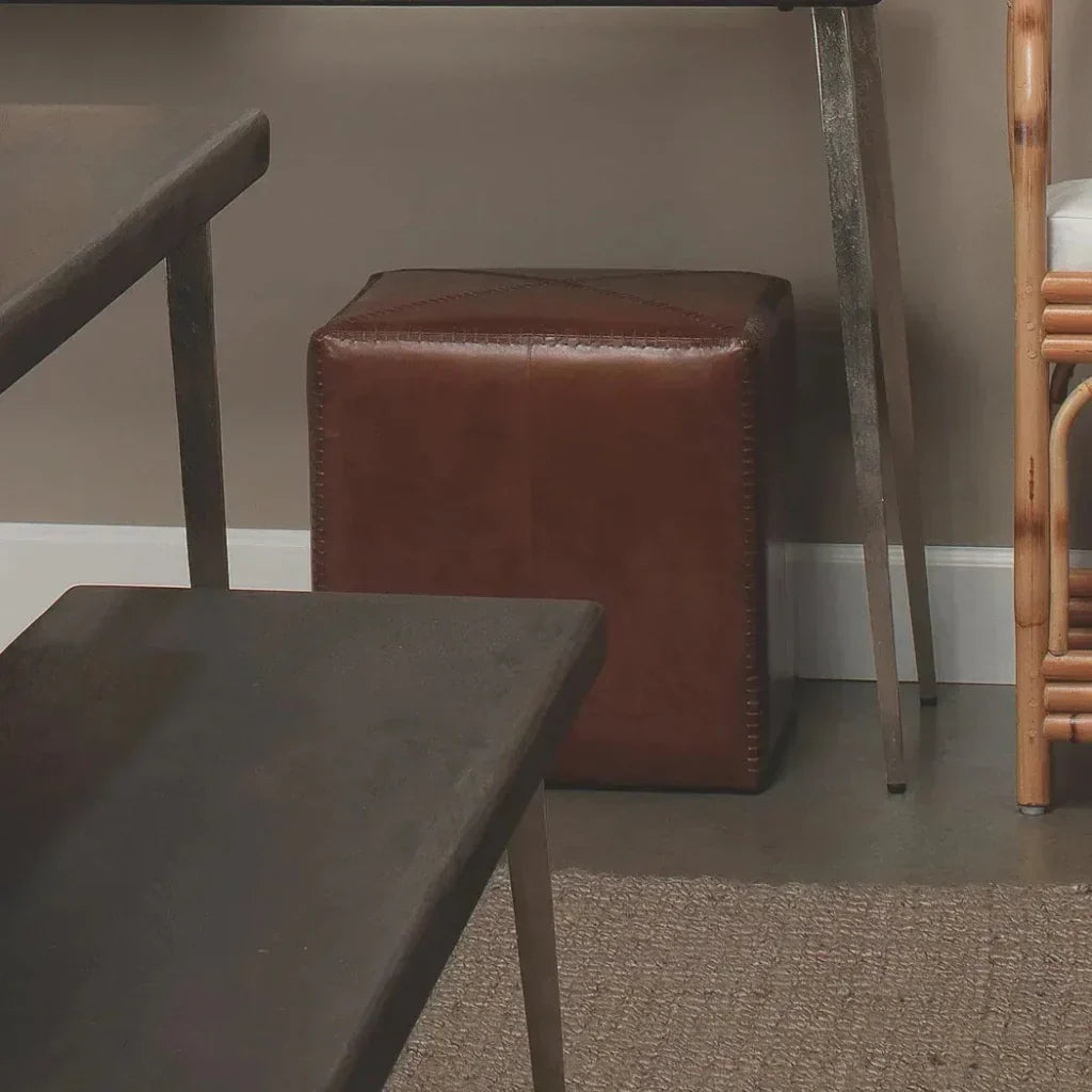 Buff Leather Square Ottoman