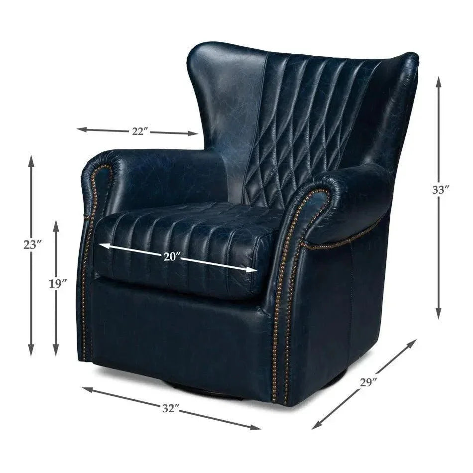 Bugatti Wood & Leather Blue Swivel Arm Chair - LOOMLAN - Sarreid - Club Chairs