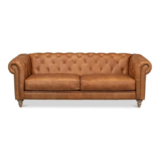 Chesterfield Kingston Sofa Tan Leather 2 Cushions - LOOMLAN - Sarreid - Sofas & Loveseats