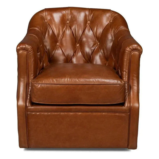 Coolidge Leather Brown Swivel Arm Chair - LOOMLAN - Sarreid - Club Chairs