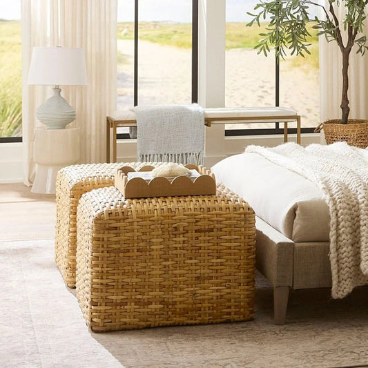 Cottage Beach Decor Natural Rattan Avery Square Ottoman - LOOMLAN - Jamie Young - Ottomans
