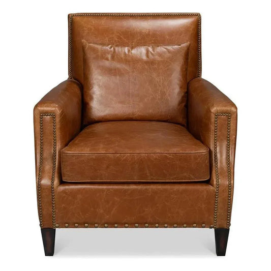 Dimity Distilled Leather & Wood Brown Arm Chair - LOOMLAN - Sarreid - Club Chairs