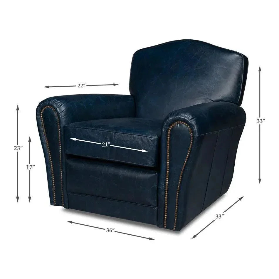 Elite French Metal & Leather Blue Club Swivel Arm Chair - LOOMLAN - Sarreid - Club Chairs