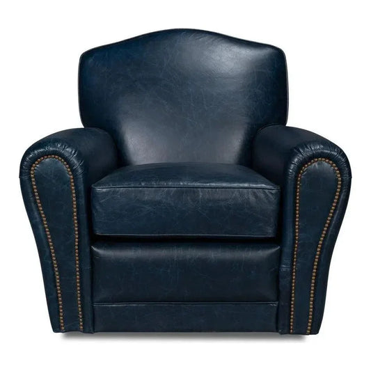 Elite French Metal & Leather Blue Club Swivel Arm Chair - LOOMLAN - Sarreid - Club Chairs