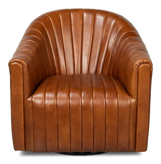 Essex Havana Brown Leather Swivel Chair - LOOMLAN - Sarreid - Club Chairs