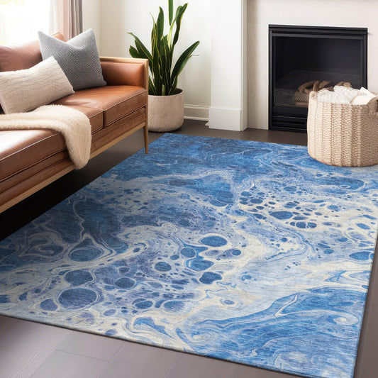 Faerara Blue Washable Indoor-Outdoor Rug