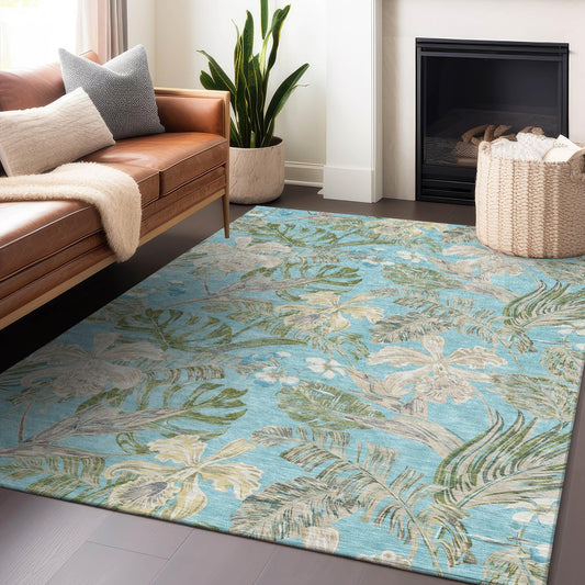 Faereth Teal Washable Indoor-Outdoor Rug