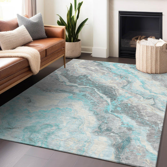 Faeriel Teal Washable Indoor-Outdoor Rug