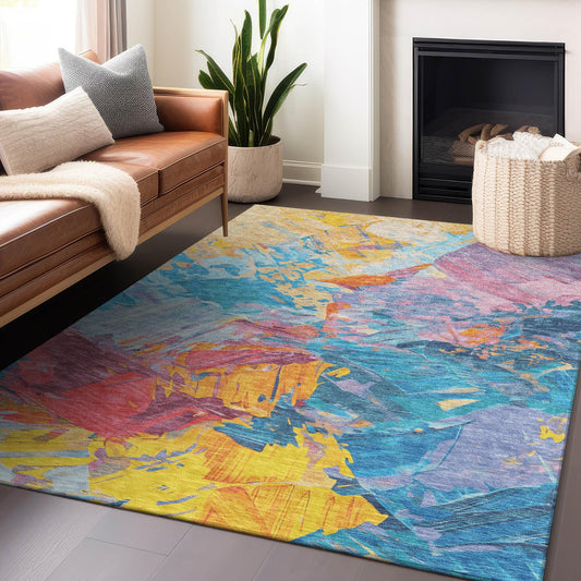 Galain Blue Washable Indoor-Outdoor Rug