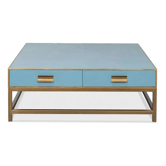 Gideon Wood & Shagreen Leather Blue Square Coffee Table - LOOMLAN - Sarreid - Coffee Tables