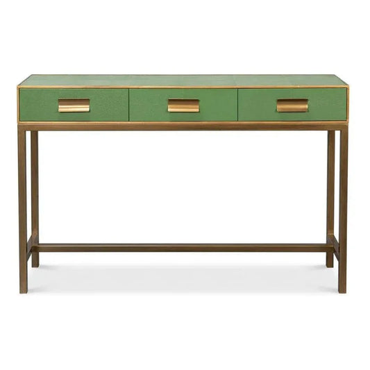 Gideon Wood & Shagreen Leather Green Sofa Table - LOOMLAN - Sarreid - Console Tables