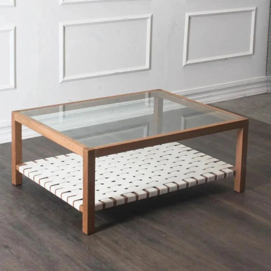 Glass & Leather Coffee Table Peyton Storage - LOOMLAN - Peninsula Home - Coffee Tables