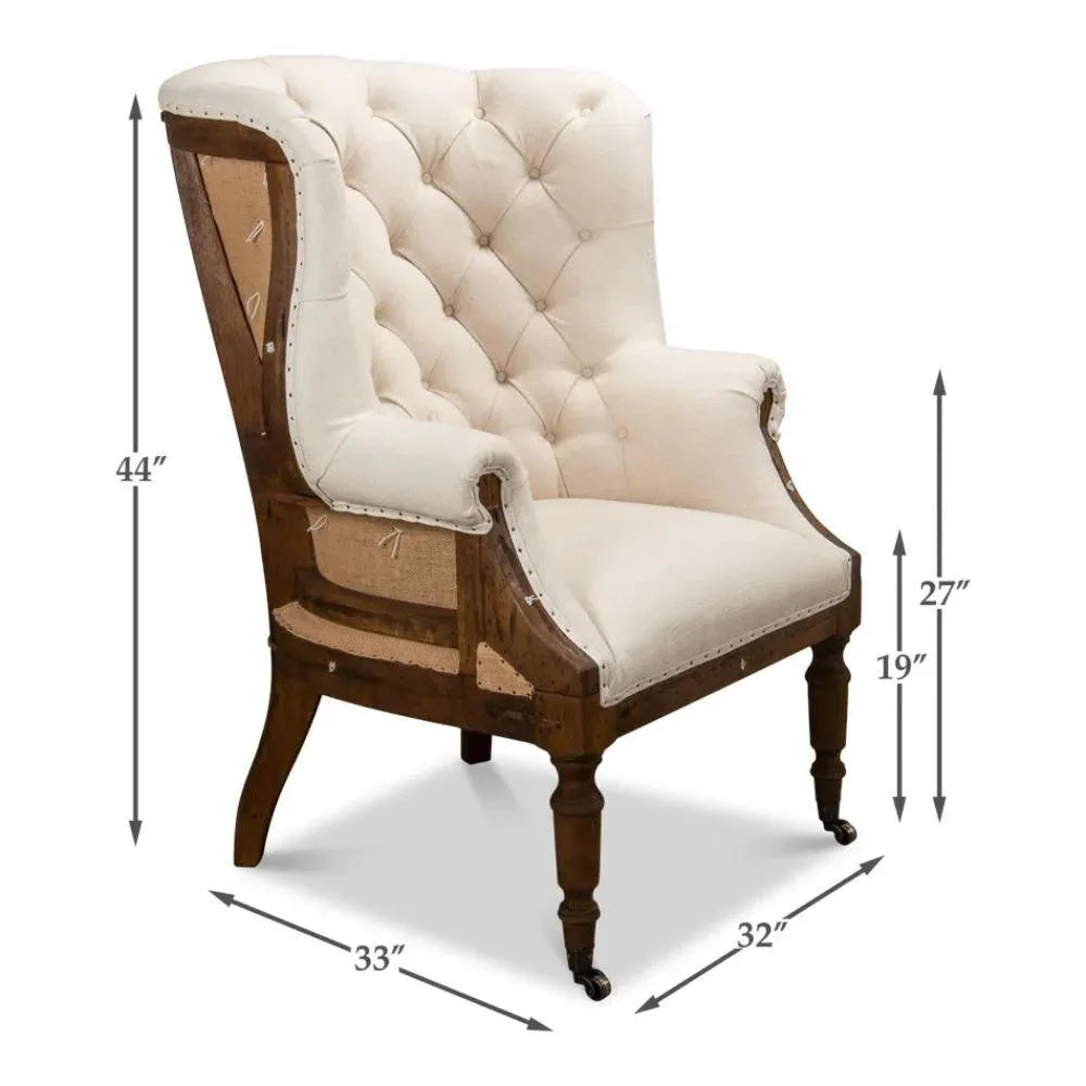 Irish Chair Cream Linen & Burlap Wing Accent Chair - LOOMLAN - Sarreid - Accent Chairs
