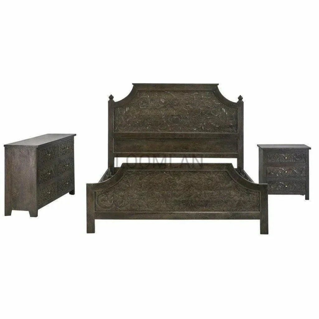Hand Carved Dark Stain Wood Panel King Bed - LOOMLAN - LOOMLAN - Beds