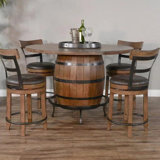 Light Brown Round Barrel Pub Table Barstools 5 PC Set-Dining Table Sets-Sunny D-LOOMLAN