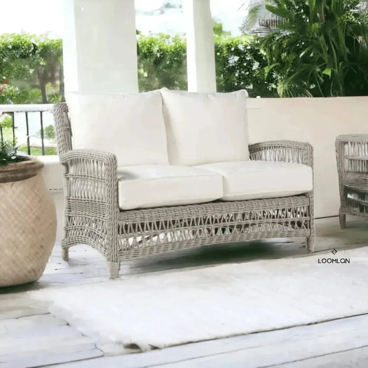 Mackinac Wicker Patio Loveseat Swivel Chair Table Set-Outdoor Lounge Sets-Lloyd Flanders-LOOMLAN