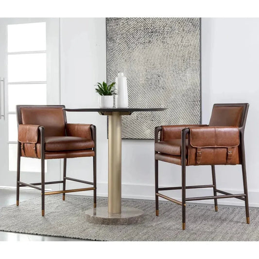 Mauti Counter Stool Brown Leather & Gold Caps - LOOMLAN - SUNPAN - Counter Stools