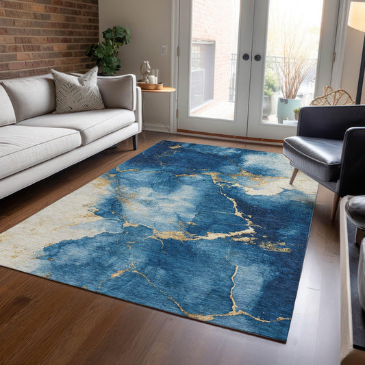 Naelius Blue Washable Indoor-Outdoor Rug