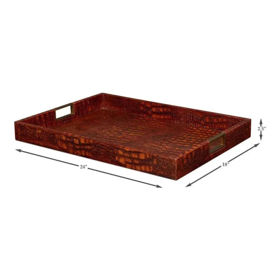 Norton Croco Leather Reddish Brown Tray - LOOMLAN - Sarreid - Trays