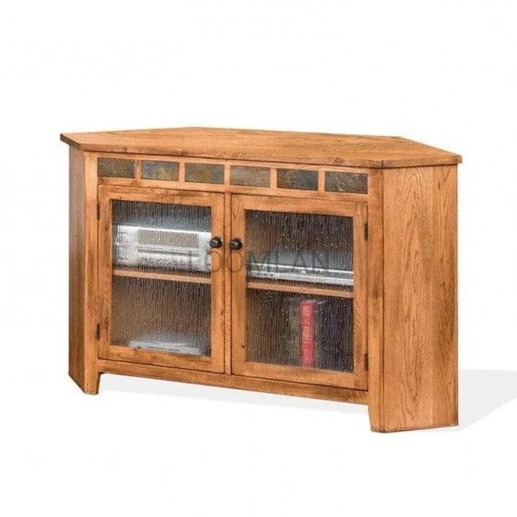 Oak Wood Corner TV Stand With Glass Doors - LOOMLAN - Sunny D - TV Stands & Media Centers