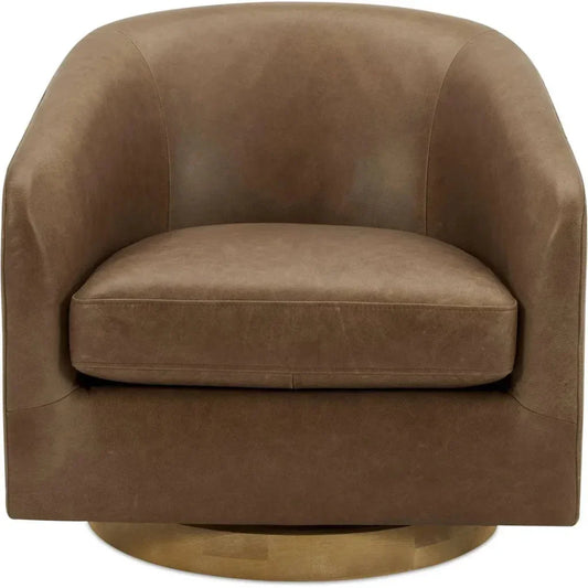 Oscy Grain Leather & Solid Wood Brown Swivel Arm Chair - LOOMLAN - Moe's Home - Club Chairs