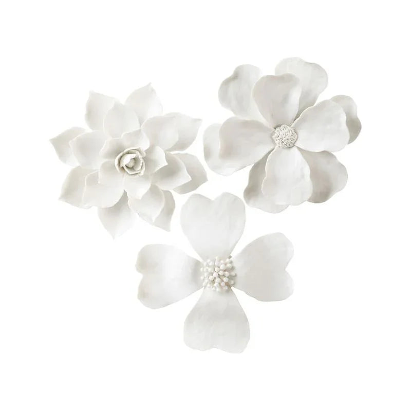 Porcelain Wall Flowers Sculpture (Set Of 3) - LOOMLAN - Chelsea House - Statues & Sculptures