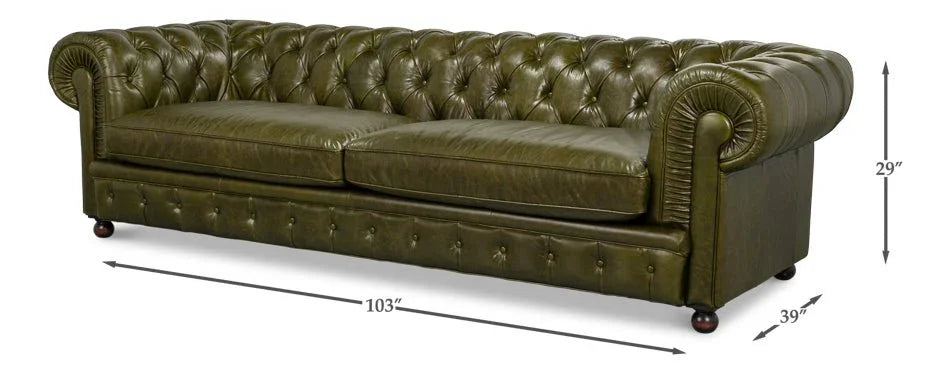 Savile Green Leather Sofa - LOOMLAN - Sarreid - Sofas & Loveseats