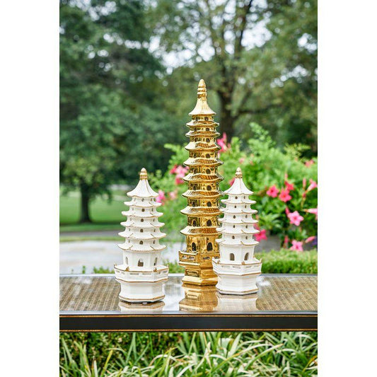 Small Pagoda Cream Gold Accented Sculpture - LOOMLAN - Chelsea House - Statues & Sculptures