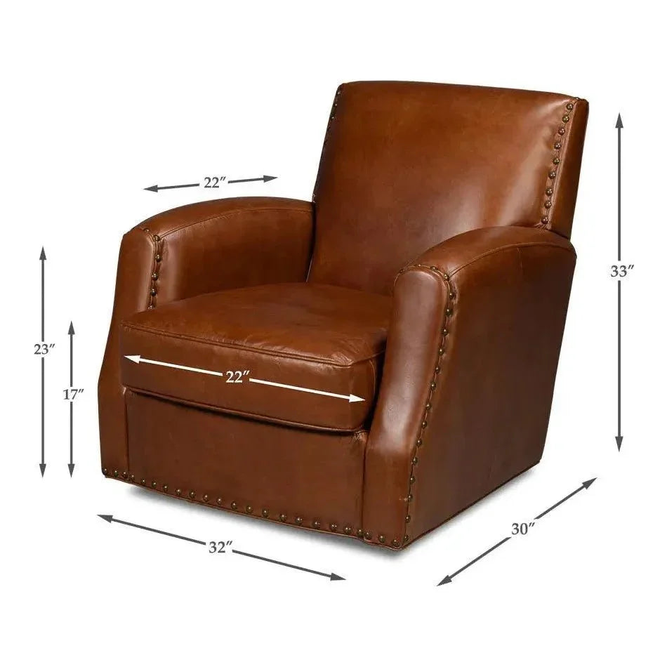 Taft Wood and Leather Brown Swivel Arm Chair - LOOMLAN - Sarreid - Club Chairs