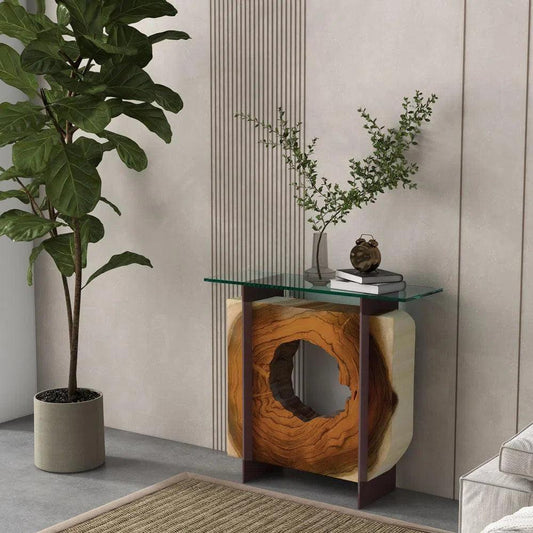 Tama Solid Chamcha Wooden Glass Sofa Table - LOOMLAN - Urbia - Console Tables