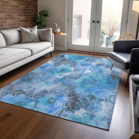 Uraien Blue Washable Indoor-Outdoor Rug