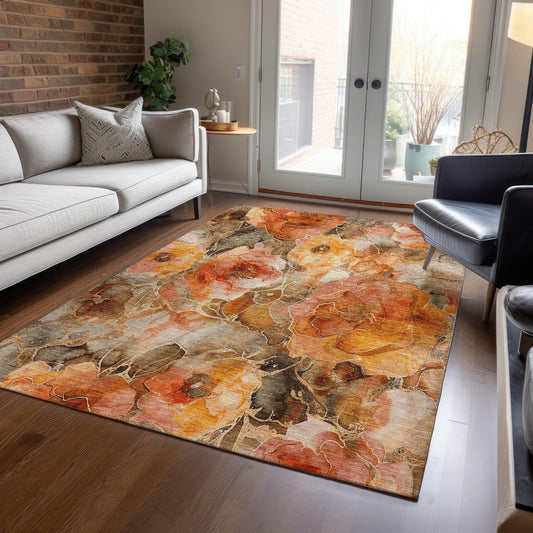 Uraien Orange Washable Indoor-Outdoor Rug