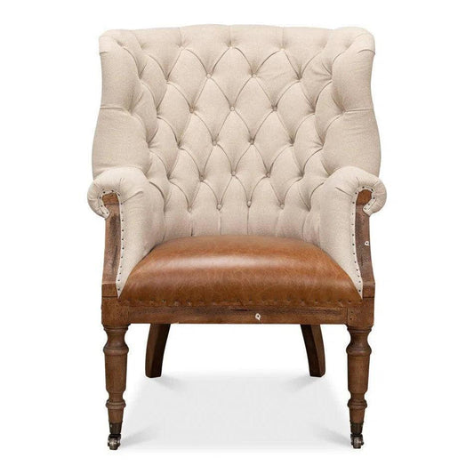 Welsh Beige Wing Accent Chair Linen, Burlap, Leather - LOOMLAN - Sarreid - Accent Chairs