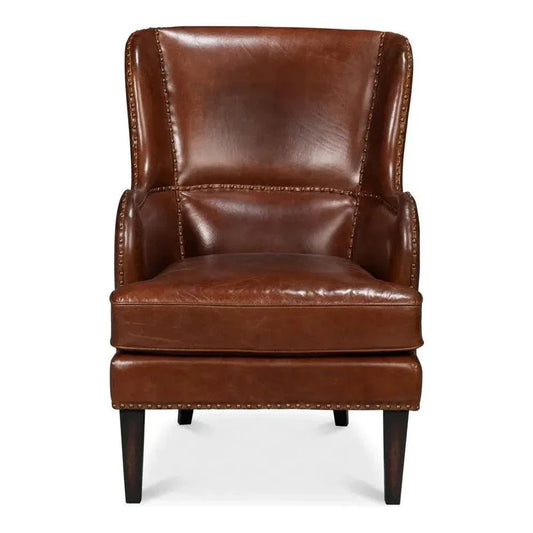 Whitney Distilled Leather Brown Arm Chair - LOOMLAN - Sarreid - Club Chairs