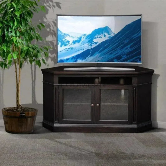 Wide Black Wood Corner TV Stand Glass Doors - LOOMLAN - Sunny D - TV Stands & Media Centers