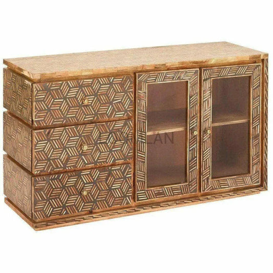 Bone Inlay 3 Drawer 2 d Glass Doors Display Sideboard - LOOMLAN - LOOMLAN - Sideboards