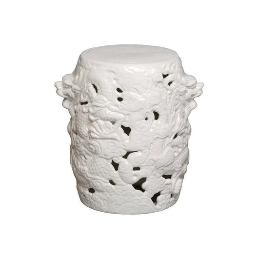 16 in. Dragon White Ceramic Outdoor Garden Stool-Garden Stools-Emissary-LOOMLAN