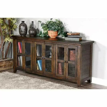 70" Wood Brown TV Stand Glass Doors - LOOMLAN - Sunny D - TV Stands & Media Centers