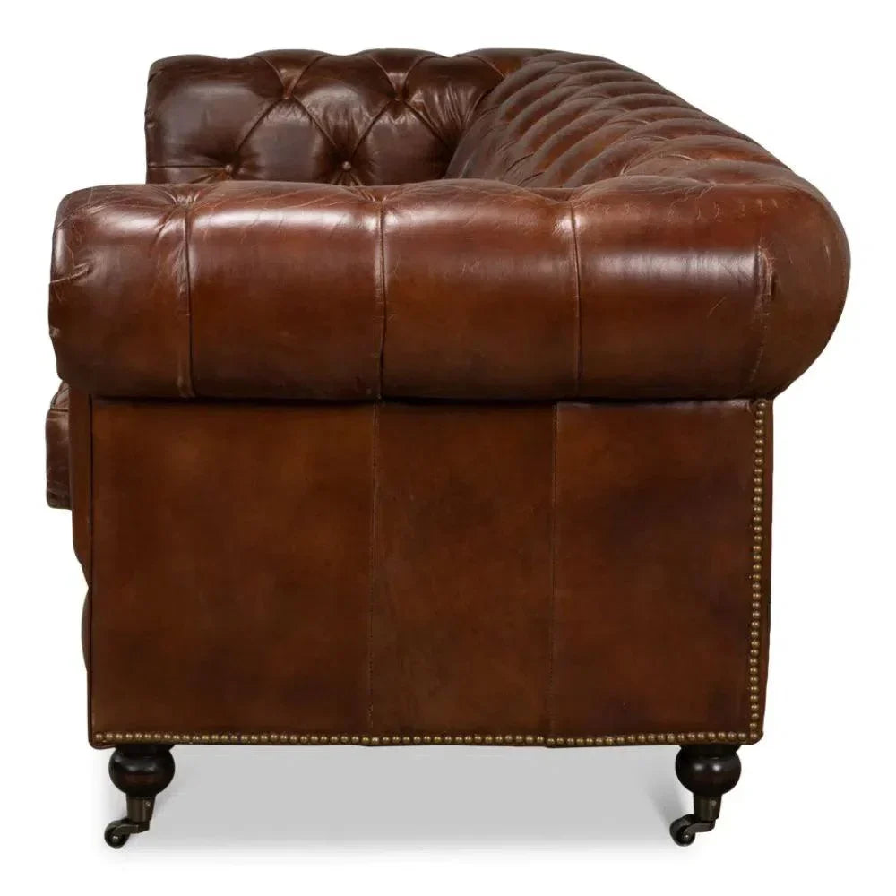 Castered Chesterfield Leather Sofa 89" - LOOMLAN - Sarreid - Sofas & Loveseats