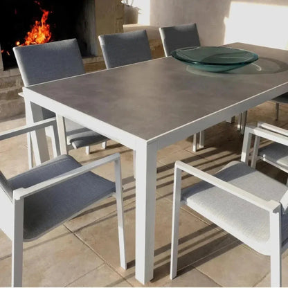 9 Piece Gray-White Outdoor Dining Table Set Sunbrella-Outdoor Dining Sets-LOOMLAN-LOOMLAN