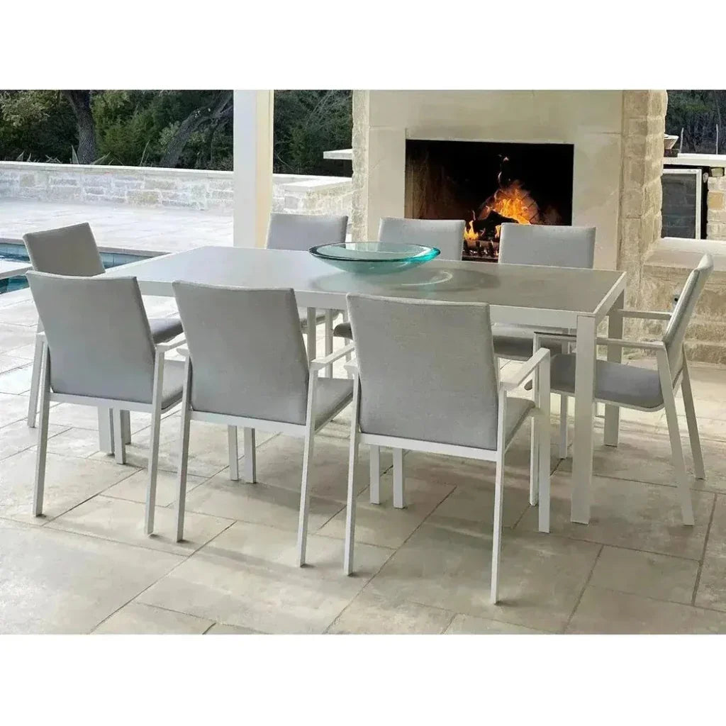 9 Piece Gray-White Outdoor Dining Table Set Sunbrella-Outdoor Dining Sets-LOOMLAN-LOOMLAN
