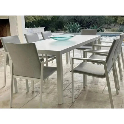 9 Piece Gray-White Outdoor Dining Table Set Sunbrella-Outdoor Dining Sets-LOOMLAN-LOOMLAN